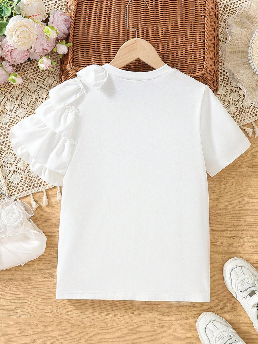 少女圓領短袖t恤,配有荷葉邊飾邊 - 白色 - 查看 1