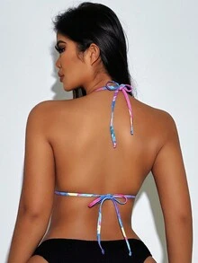 女士植物印花露背比基尼上衣 - 彩色 - 查看 4