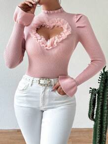 Chiquease Áo len đan lưới hình trái tim khoét lỗ có tay loe, áo dài tay - Hồng - Xem 6