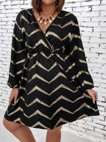 SHEIN LUNE 大尺碼女式燈籠袖條紋連衣裙,熱壓工藝 - 彩色 - 查看 1