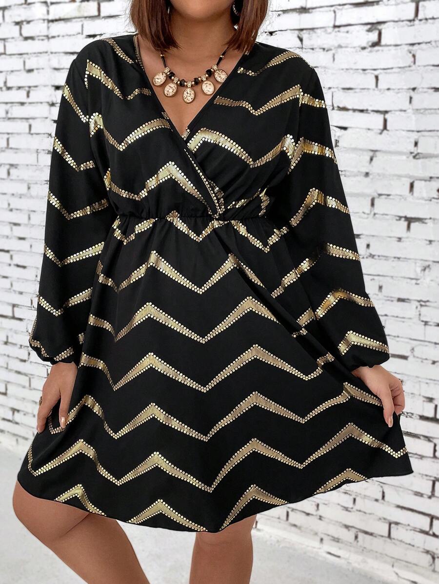 SHEIN LUNE 大尺碼女式燈籠袖條紋連衣裙,熱壓工藝 - 彩色 - 查看 1