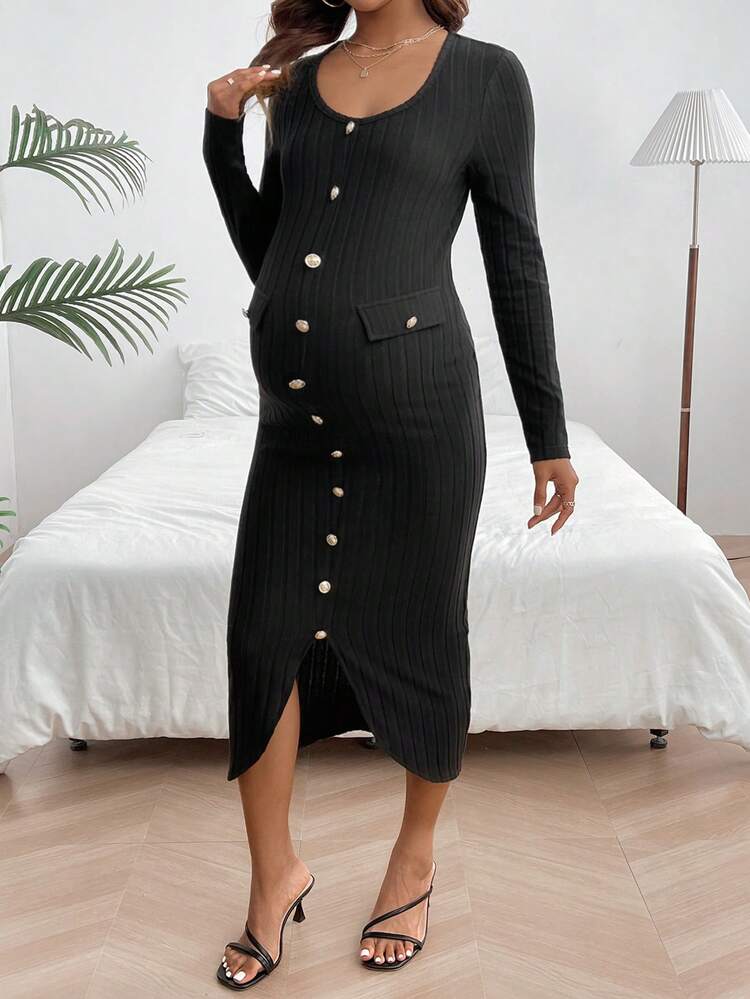 Maternity Ribbed Button Decorated Dress