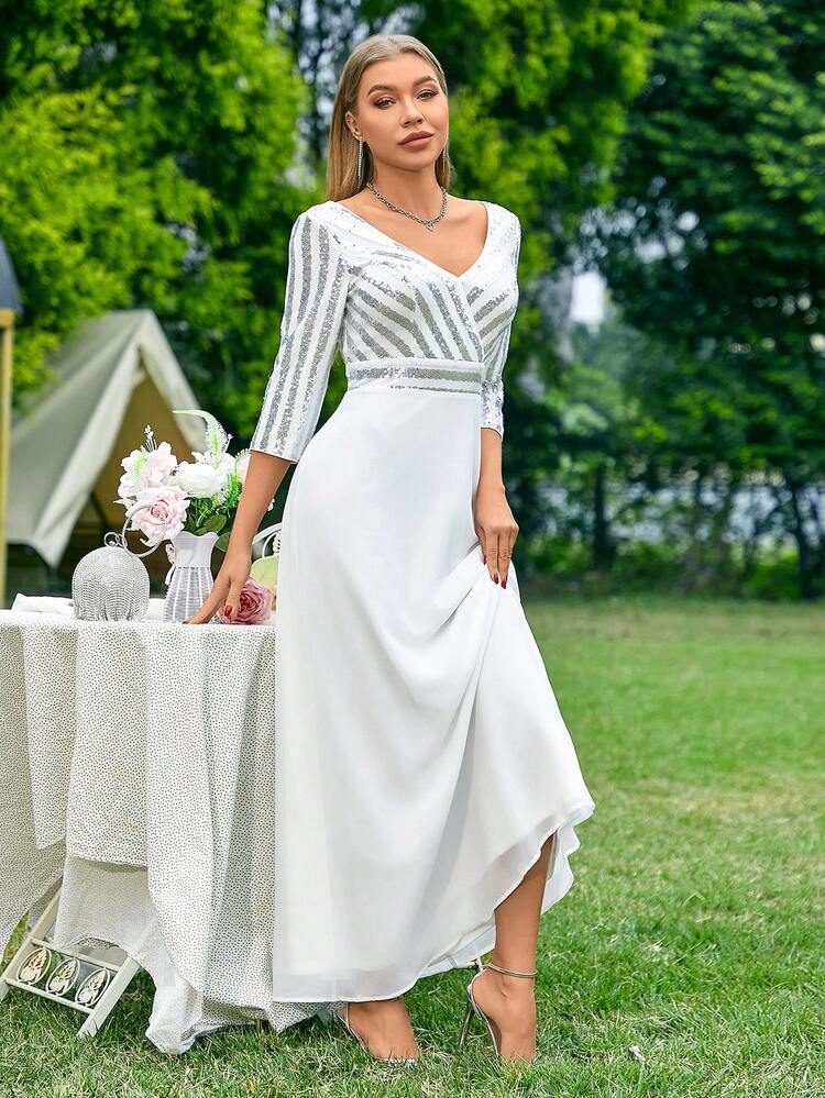 Bridesmaid Long Dress With Sequin Mesh Inserts, Chiffon Deep V-Neckline, 3/4-Sleeves