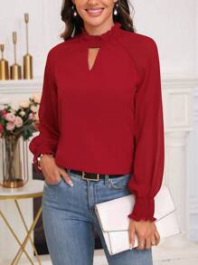 SHEIN Clasi 女性鑽石領長袖上衣 - 酒紅色 - 查看 3