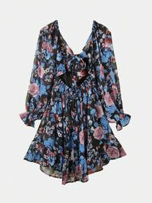 Boho In hoa Cổ vuông Ruffled Xếp li Tay áo dài Đầm - Nhiều màu - Xem 6