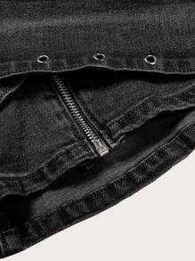 SHEIN ICON 女式牛仔a字裙,前拉鍊設計,十字交叉細節