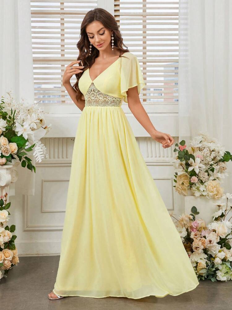 Elegant, Feminine And Romantic Woman, Elegant Chiffon, Sweetheart Neckline, Lotus Leaf Sleeves, Waist Stitching, Lace Waist Gathered Pleats, Volumetric Umbrella Hem, Light Yellow Spring Wedding Season Easter Ball Bridesmaid Dress