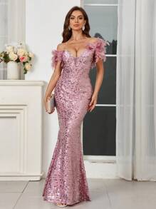 SHEIN Belle Vestido de noche elegante y romántico con lentejuelas brillantes, con hombros decorados con plumas falsas (plumas falsas), elegante para baile de graduación, cena, boda como invitada - Rosa - Ver 4