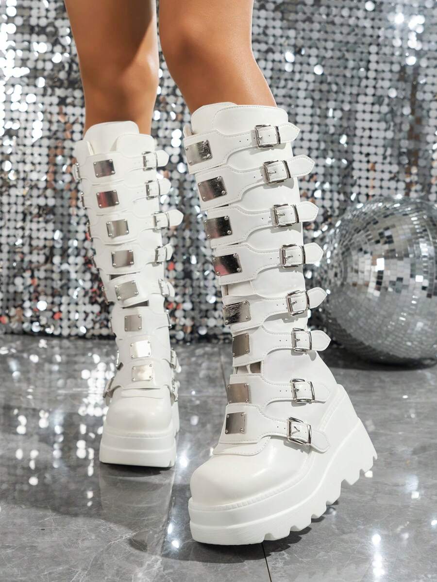 女款時尚楔形跟過膝靴,厚底及腰帶扣設計 - 白色 - 查看 1