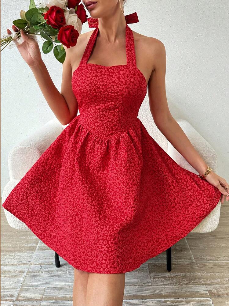 Backless Halter Neck Tie-Up Detail Dress