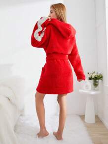 SHEIN Cottnline Contrast Side Seam Cartoon Graphic Hooded Belted Flannel Robe - Orange - View 2