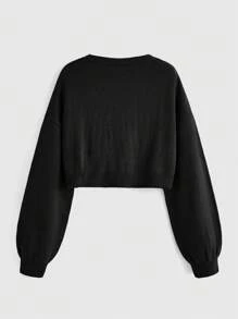 ROMWE Hippie 刺绣细节落肩短款开衫，适合冬季 - 黑色 - 查看 2