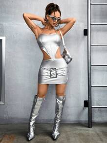 SHEIN ICON Y2k Damen Silber Metallic Stoff Halter Neck Cut Out Taille Bodycon Kleid - Silber - Übersicht 6