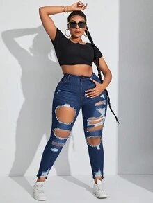 SHEIN SXY Kích thước lớn Thon gọn Quần jean Distressed - Rửa tối - Xem 3