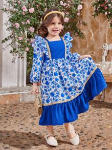 SHEIN Young Girl Floral Print Contrast Color Peter Pan Collar Ruffle Hem Long Sleeve Dress, Mommy And Me Matching Outfits (2 Pieces Sold Separately) - Blue - View 11