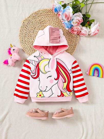 SHEIN Baby Girl Leisure Color Block Striped Cartoon Unicorn Printed Long Sleeve Sweatshirt
