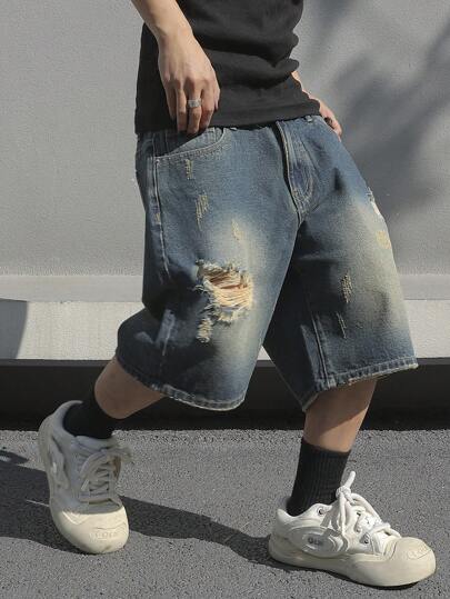 Manfinity EMRG Men's Distressed Denim Shorts Going Out Plain Dark Blue Jorts Baggy Denim Shorts, For Husband, Boyfriend Gifts Going Out Hang Out Commute College Street