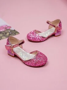 Sandale la modă cu toc înalt, roz, strălucitoare, închise, pentru fete