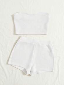 Soleia Ladies Solid Color Strapless Top And Shorts Set - White - View 4