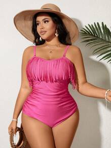 SHEIN Swim Curve 夏季大码纯色流苏连体泳衣 - 軍綠色 - 查看 3