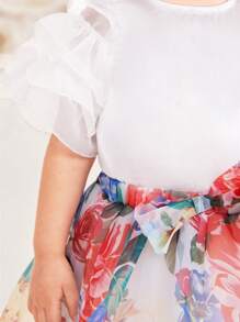 SHEIN Baby Girls' Gorgeous Mesh Ruffle Top And Skirt Set With Floral Print - White - View 4