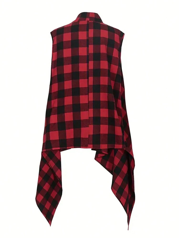 Plus Size Drape Front Gingham Vest Coat Winter Fall Autumn