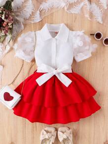 SHEIN Elladie kids Conjunto De Top Con Mangas De Malla De Flores Dulces Y Simples Y Falda Completa Con Vintage Para Niñas Pequeñas - Blanco - Ver 1