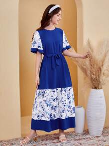 SHEIN Teen Girls' Floral Pattern Spliced Casual Dress - Blue and White - View 4