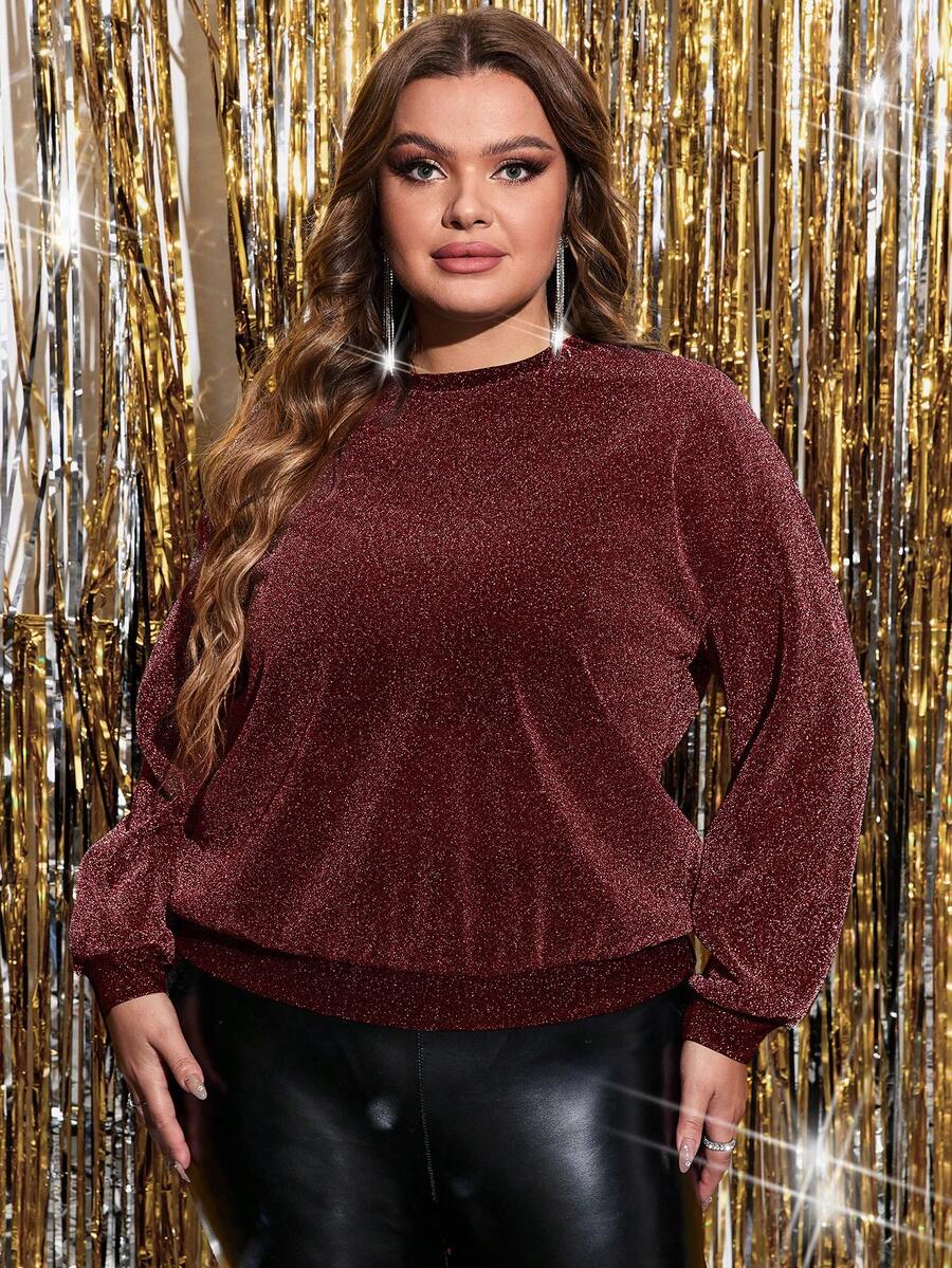 SHEIN Privé Plus Size Women's Round Neck Sequin Pullover Sweatshirt - Burgundy - View 1