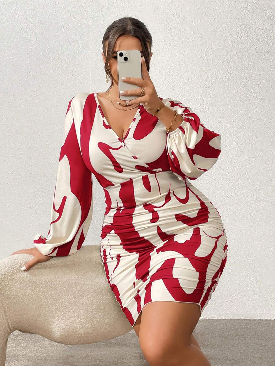 Firerie 大尺碼女款印花裹頸修身連身裙 - 紅白色 - 查看 1