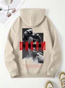 Men's Pattern Printed Hooded Sweatshirt With Kangaroo Pocket And Thermal Lining - Apricot - View 1