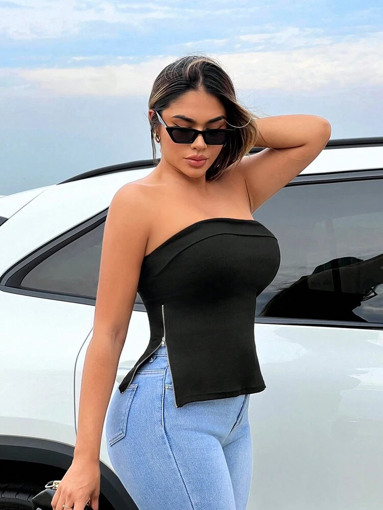 Solid Color Strapless Zipper Side Crop Top