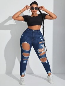 SHEIN SXY Kích thước lớn Thon gọn Quần jean Distressed - Rửa tối - Xem 6