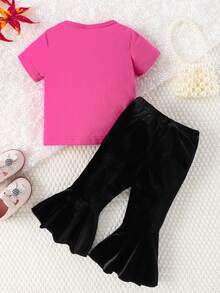 Baby Girl Simple Style Casual Letter Print Short Sleeve Top Hooded Sweatshirt Velvet Flare Pants Outfits, Spring/Summer - Hot Pink - View 2