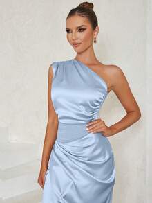 復古優雅性感單肩修身晚禮服女裝 - 藍色 - 查看 6