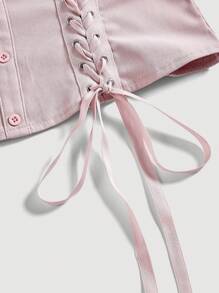 SHEIN MOD 女性帶皺摺和綁帶前扣的無肩帶上衣 - 粉色 - 查看 3