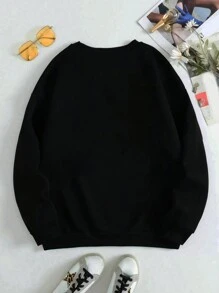 Maweii 加大尺碼女士愛心鑽石裝飾圓領運動衫 - 黑色 - 查看 2