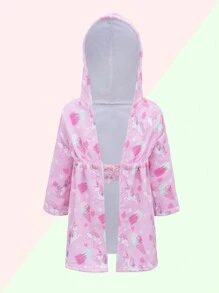 Young Girl Unicorn Printed Hooded Kimono With Drawstring Waist - Multicolor - View 1