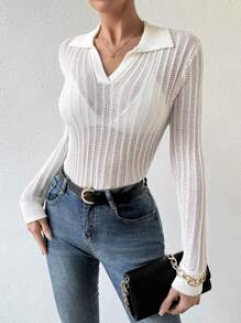 Chiquease Women's Hollow Out Knitted Sweater With Turn-Down Collar  Fall Winter Outfit - White - View 3