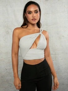 SHEIN BAE Gray Apricot Twist Rope Hollow One-Shoulder Gathered Tight Elastic Top For Women - Grey - View 4