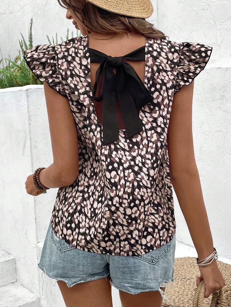 Women'S Full Print Butterfly Sleeve Back Tie Bow Knot Shirt Summer Leopard Cheetah Casual