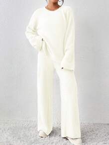 SHEIN Essnce 2pcs Solid Color Casual Sweater Set - Apricot - View 5