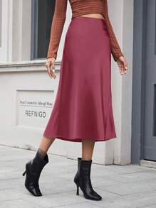 EURMUSE Solid High Waist Bias Cut Skirt - Merah - View 5