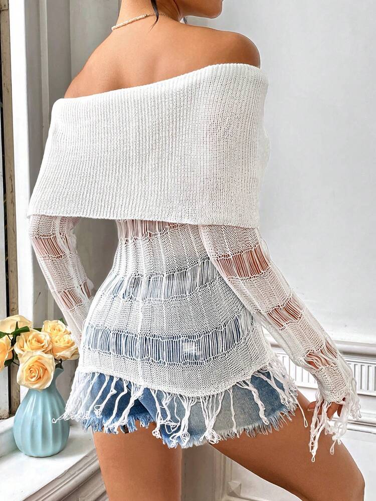 Women's Off-Shoulder Long Sleeve Hollowed-Out Knit Pullover Fall Winter Sweater
