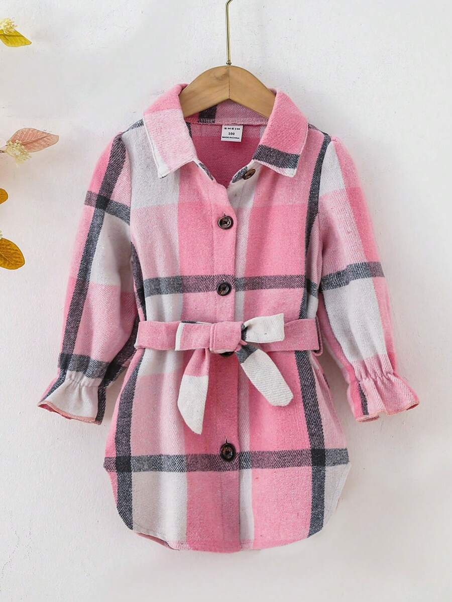 SHEIN 小女童格紋荷葉袖繫腰帶洋裝