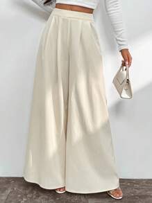 SHEIN Privé 純色寬腳褲 - 杏色 - 查看 1