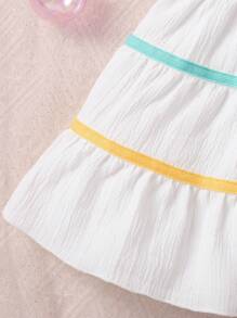 Abito Plissettato Colorato Con Maniche A Pipistrello A Volant Per Bambine, Chiusura Con Zip, Design Semplice, Asciugatura Rapida, Comodo, Per Primavera Ed Estate