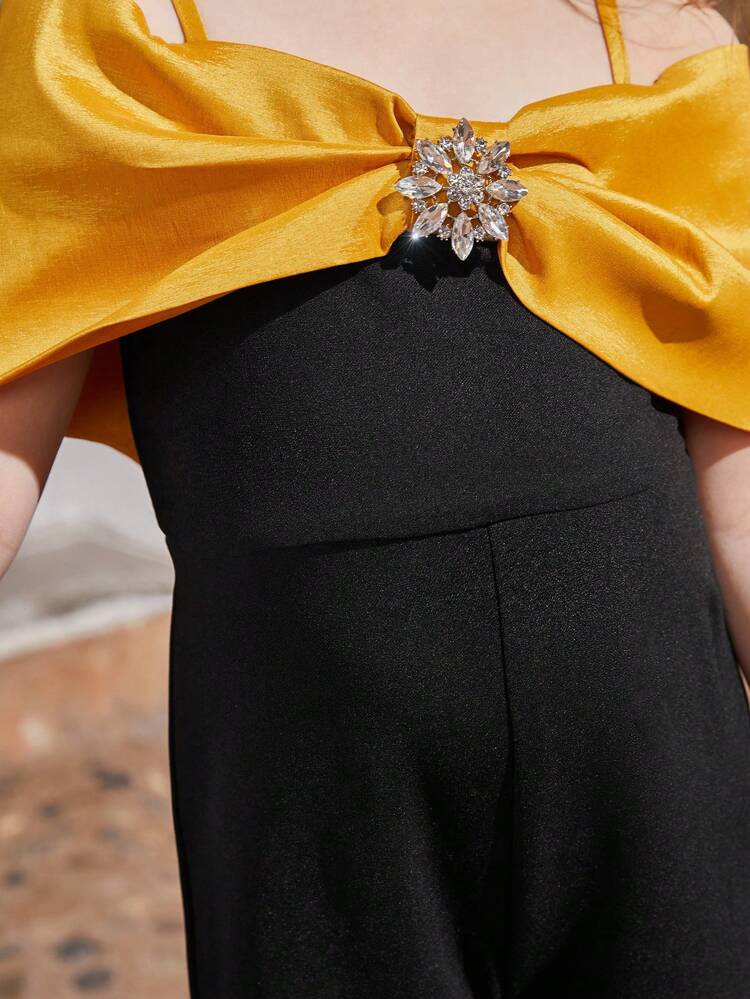 Young Girl's Colorblocking Sleeveless Jumpsuit With Hollow Out Detailing And Rhinestone Decorated Buckle On Shoulder Straps