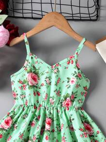 Young Girl Flower Printed Spaghetti Strap Dress
