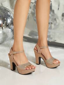 時尚玫瑰金亮片表面和鑲有鑽石裝飾的高跟鞋平底,適合女性穿著日常,派對和宴會,隨機風格和鑽石顏色 - 玫瑰金 - 查看 2